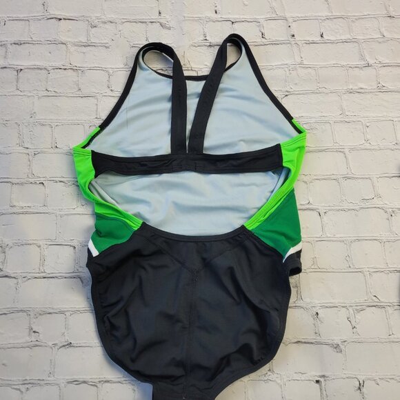 Nike Swim Woman’s Poly Team Splice Cut-Out Tank Swimsuit black green size 10 - Picture 6 of 13
